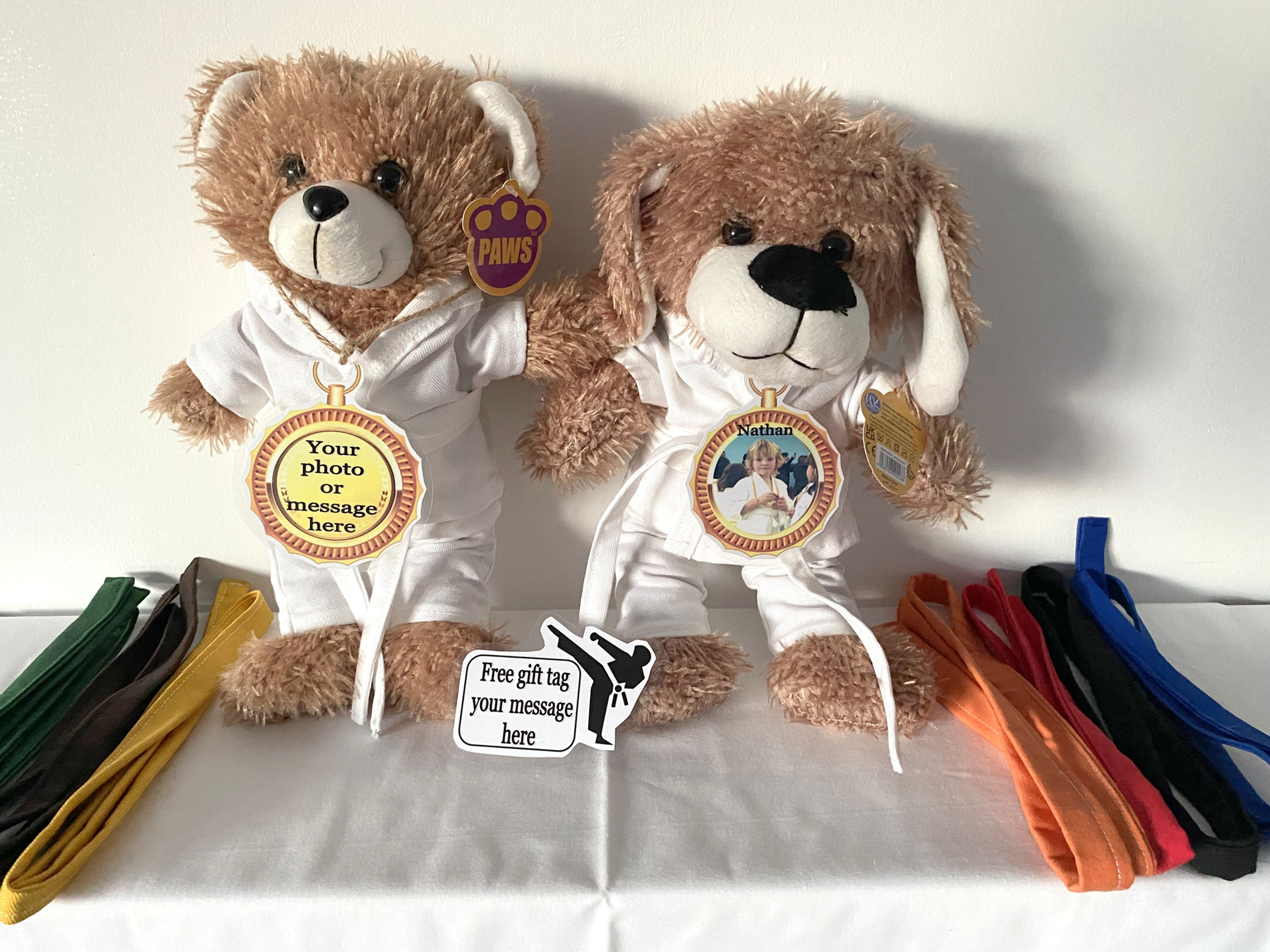 KARATE JUDO MARTIAL ARTS PERSONALISED TEDDY BEAR PUPPY DOG medal or trophy