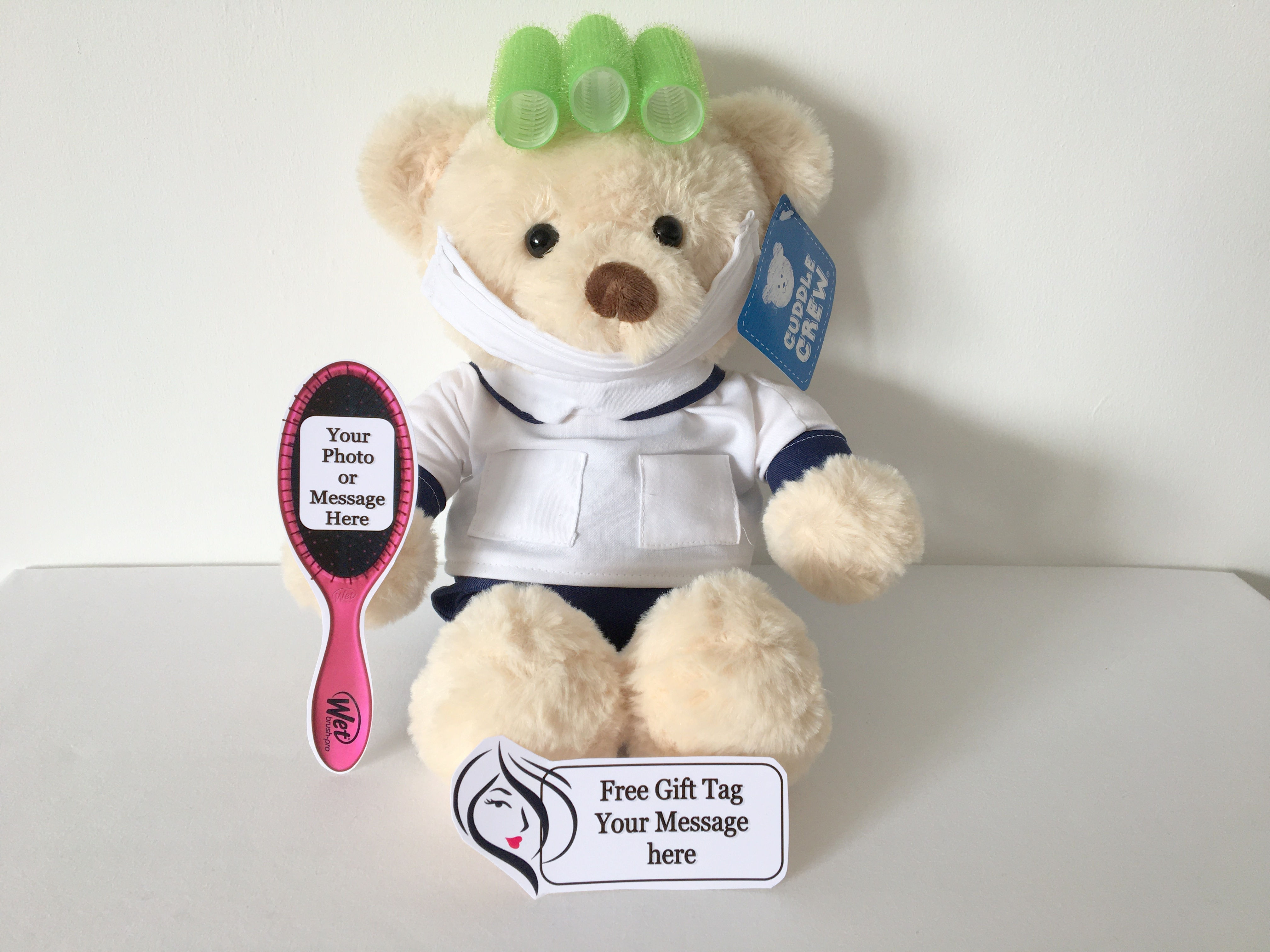 HAIRDRESSER HATTY PERSONALISED TEDDY BEAR LOGO BADGE OR PHOTO FLAT BRUSH