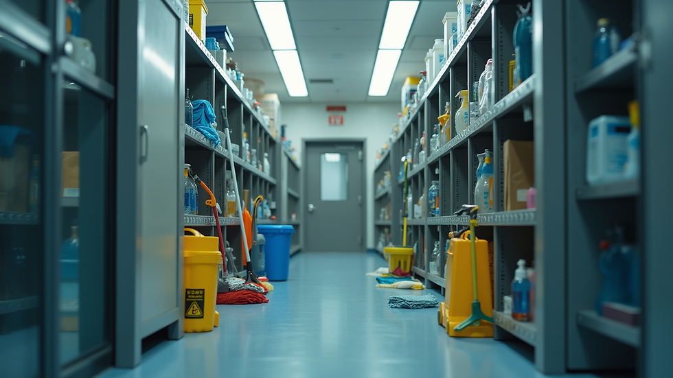 High angle view of cleaning equipment arranged neatly in a janitorial closet