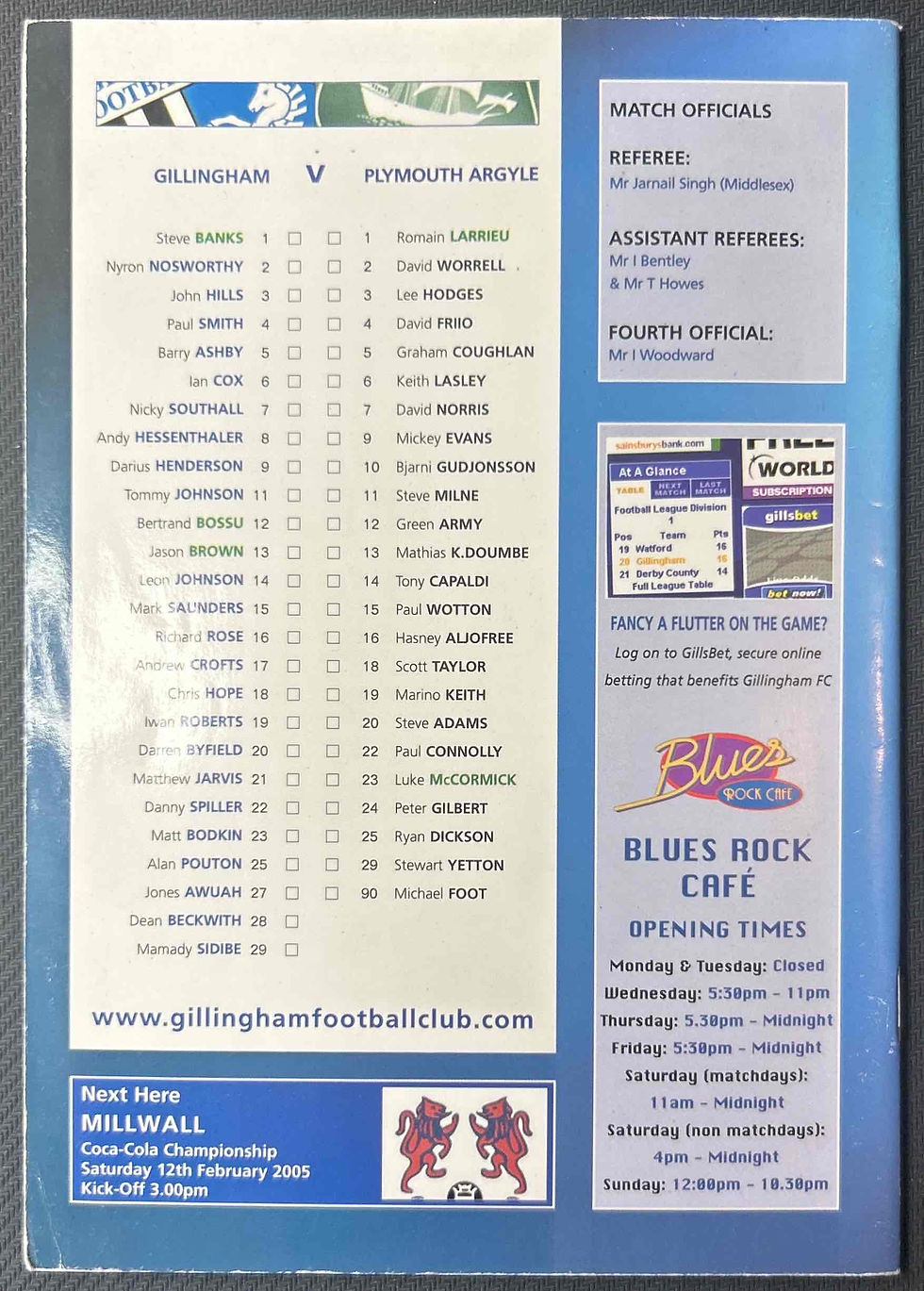 2005 Jan 15 Gillingham V Plymouth