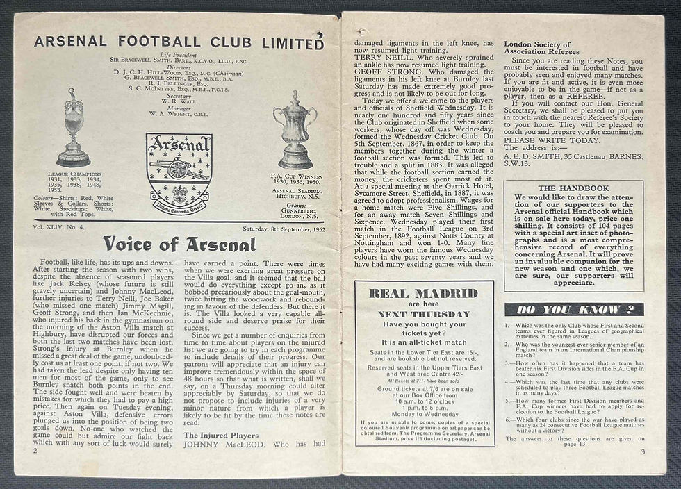 Thumbnail: 1962 Sep 8 Arsenal V Sheffield Wednesday