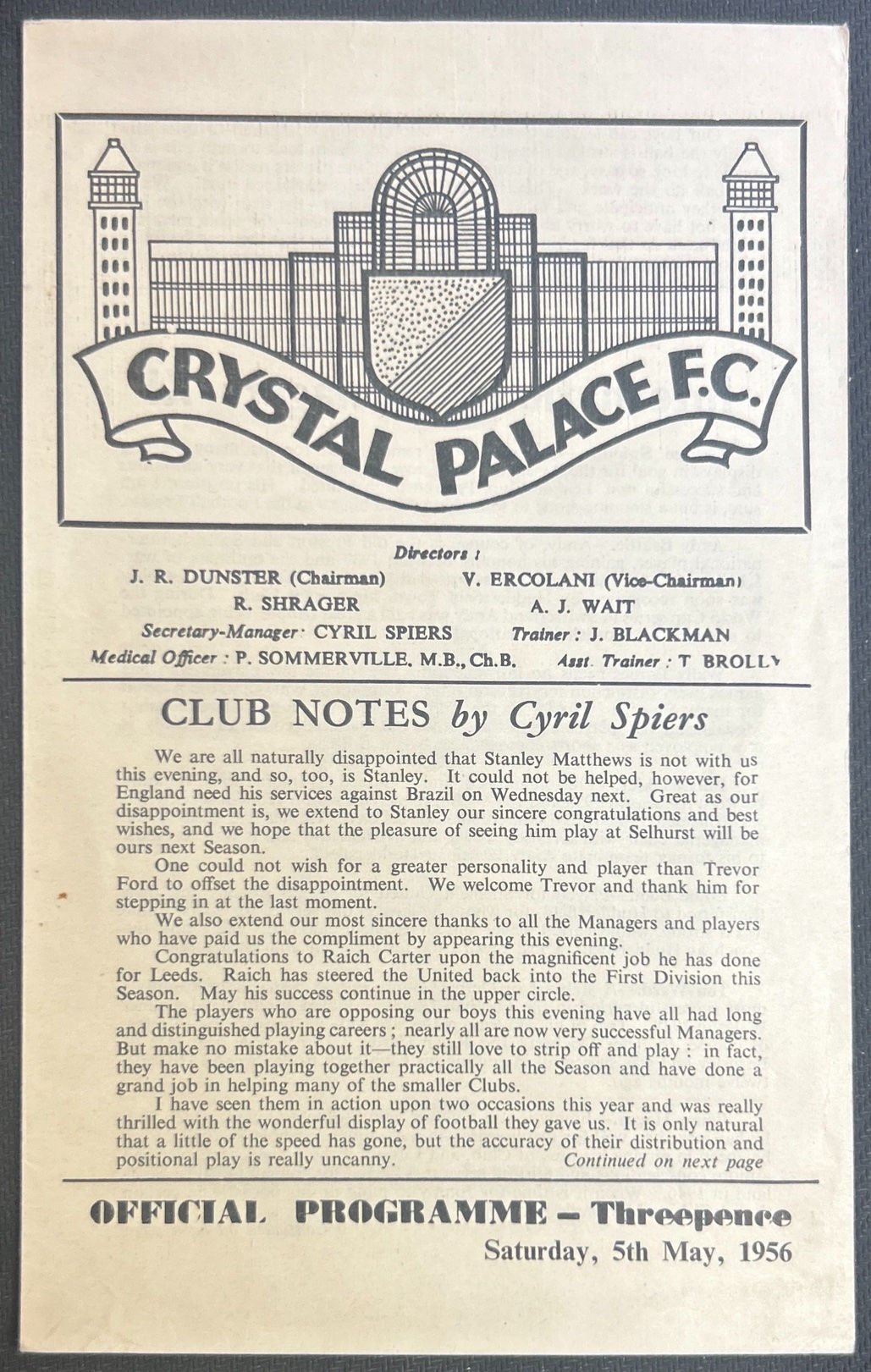 1956 May 5 Crystal Palace V International Managers