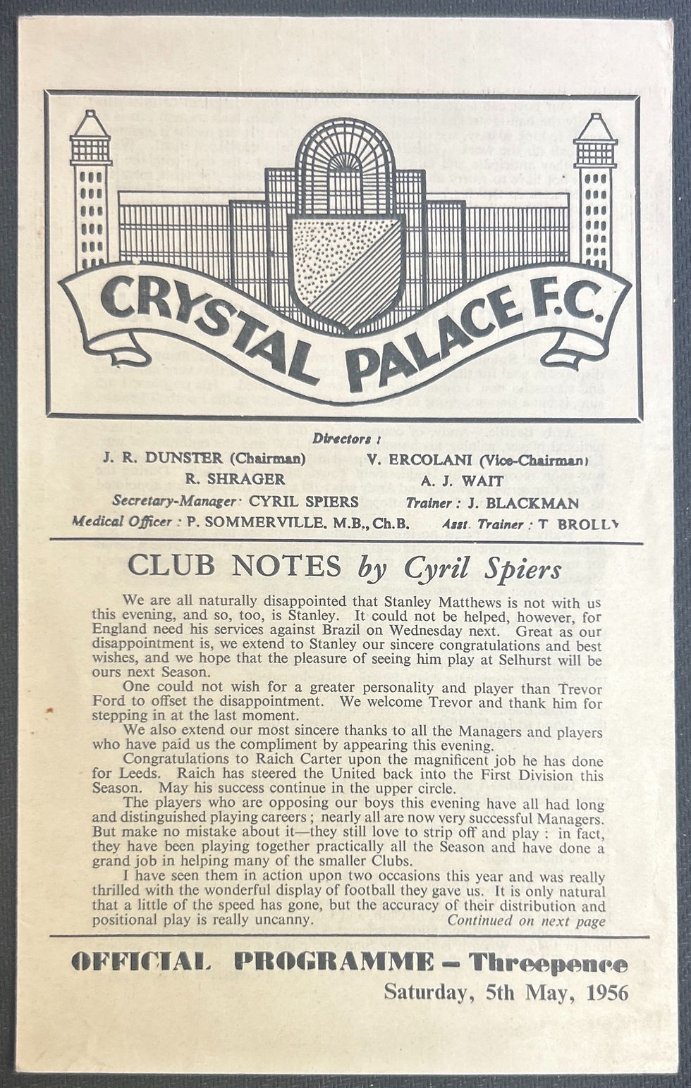 1956 May 5 Crystal Palace V International Managers