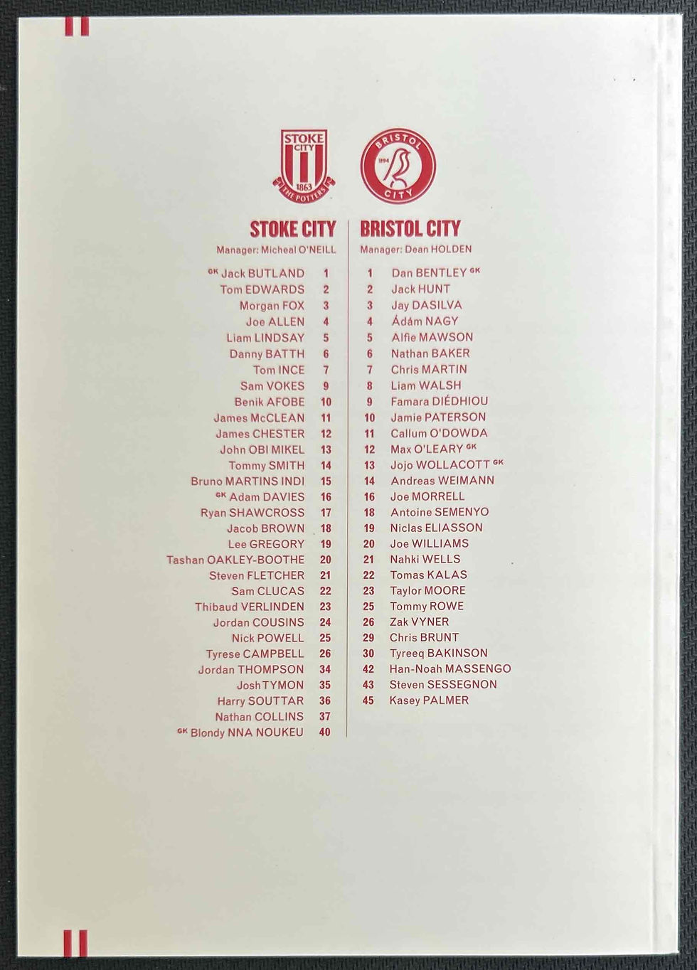 2020 Sep 20 Stoke V Bristol City Football Programme