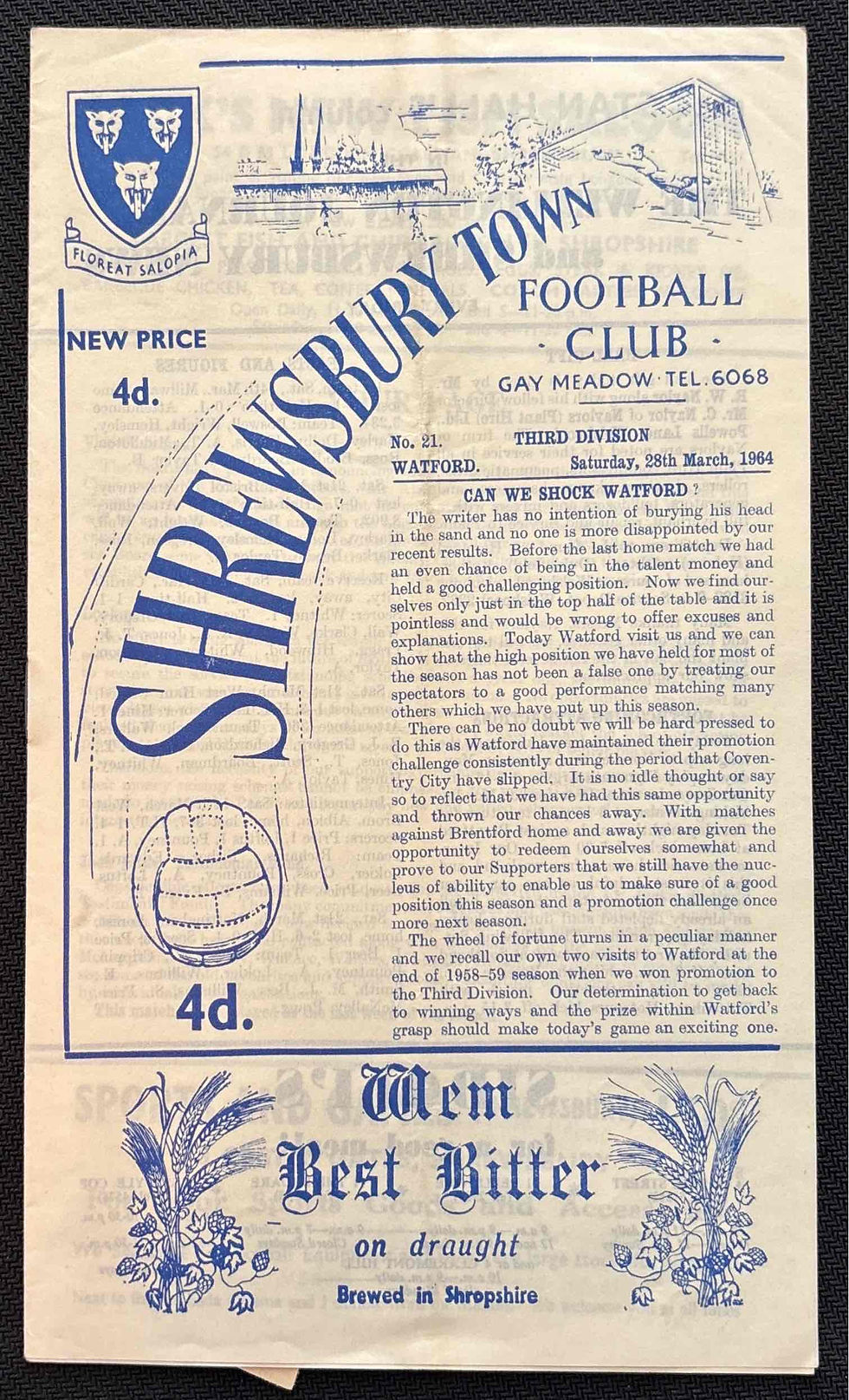 1964 Mar 28 Shrewsbury V Watford Football Programme