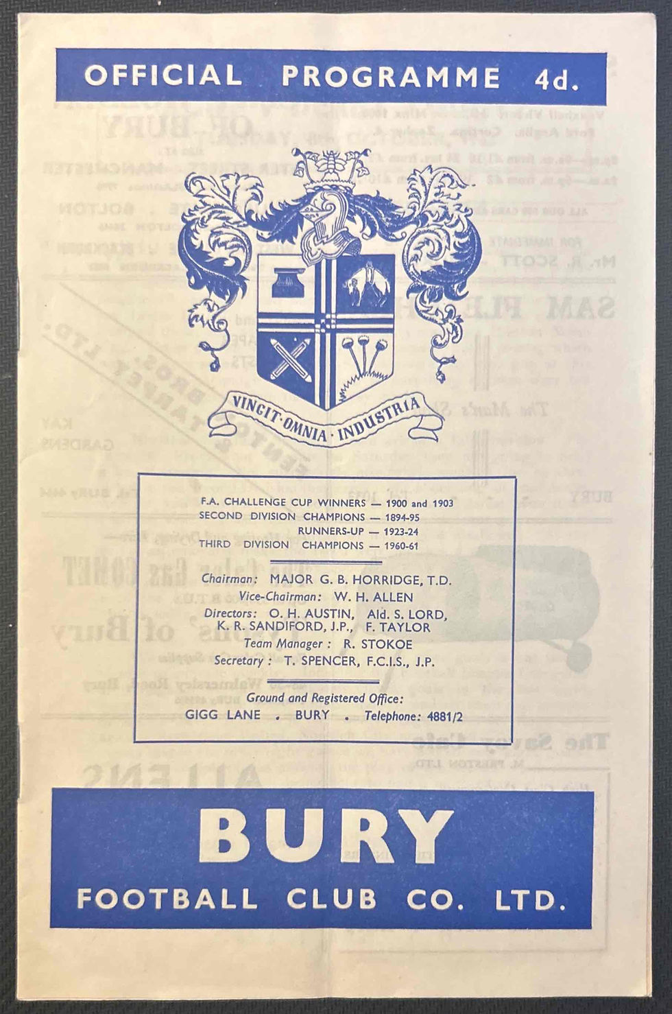 1963 Oct 8 Bury V Derby Football Programmes