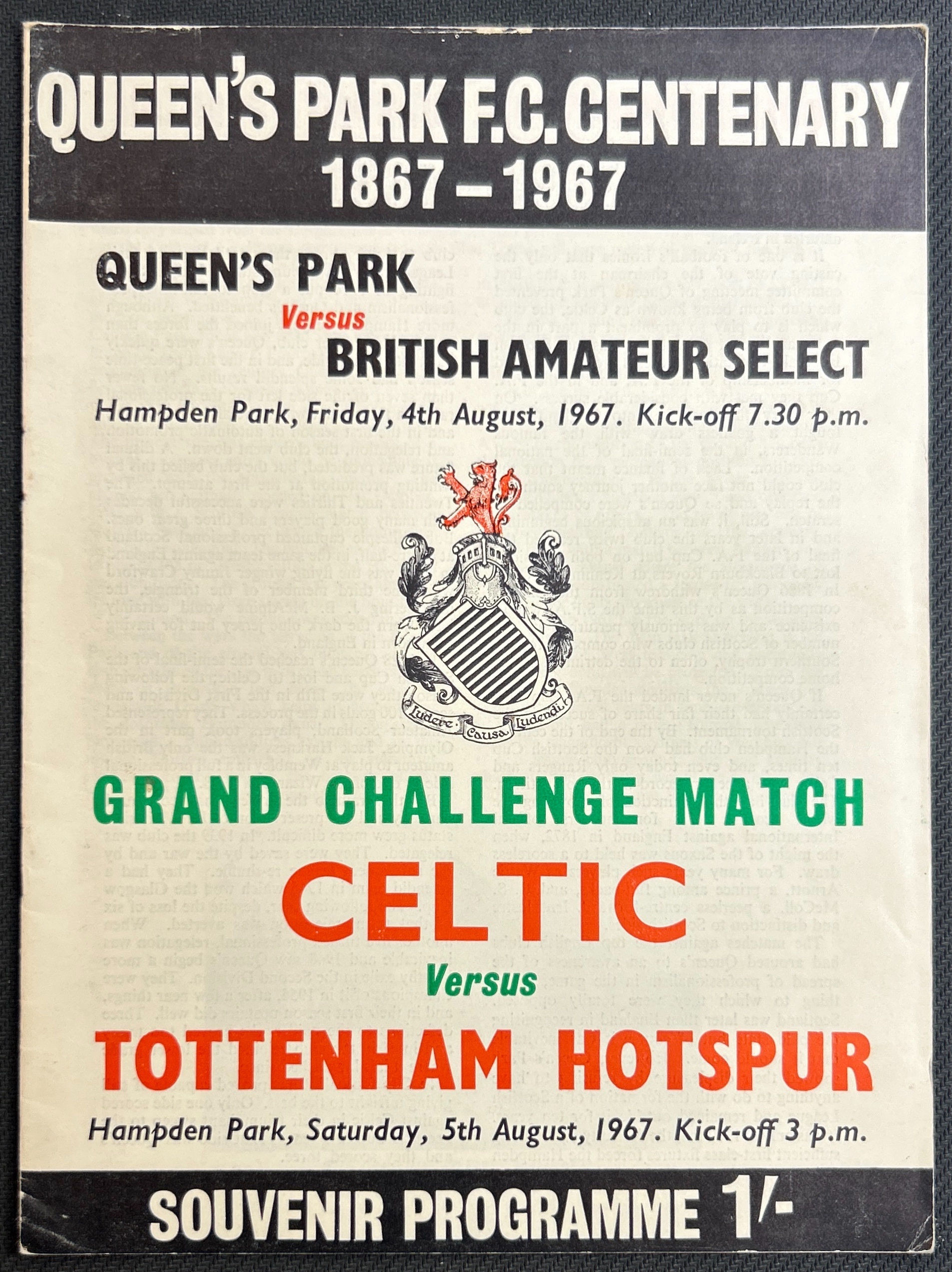 1967 Aug 4&5 Queens Park V British Amateur & Celtic V Tottenham