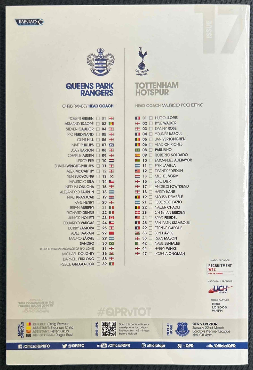 Thumbnail: 2015 Mar 7 QPR V Tottenham Football Programme