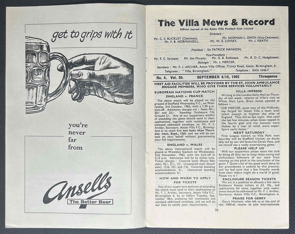 1962 Sep 10 Aston Villa V Arsenal