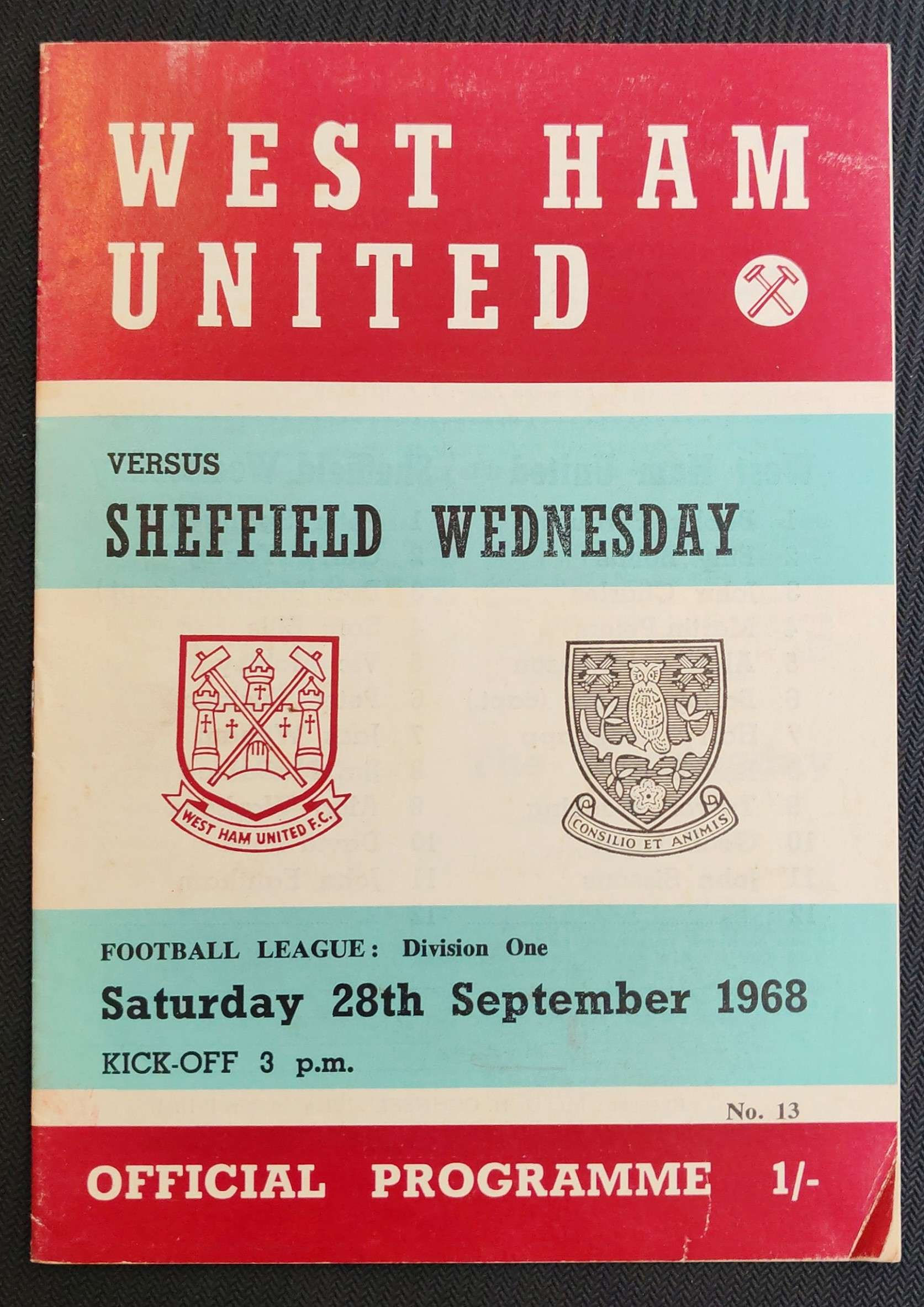 1968 Sep 28 West Ham V Sheffield Wednesday Football Programme