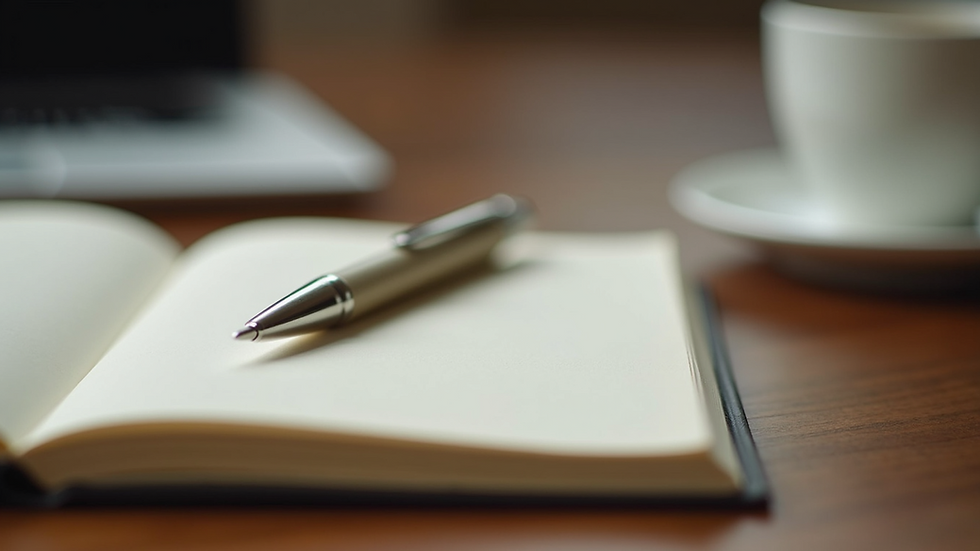 Close-up view of a journal and pen on a wooden table