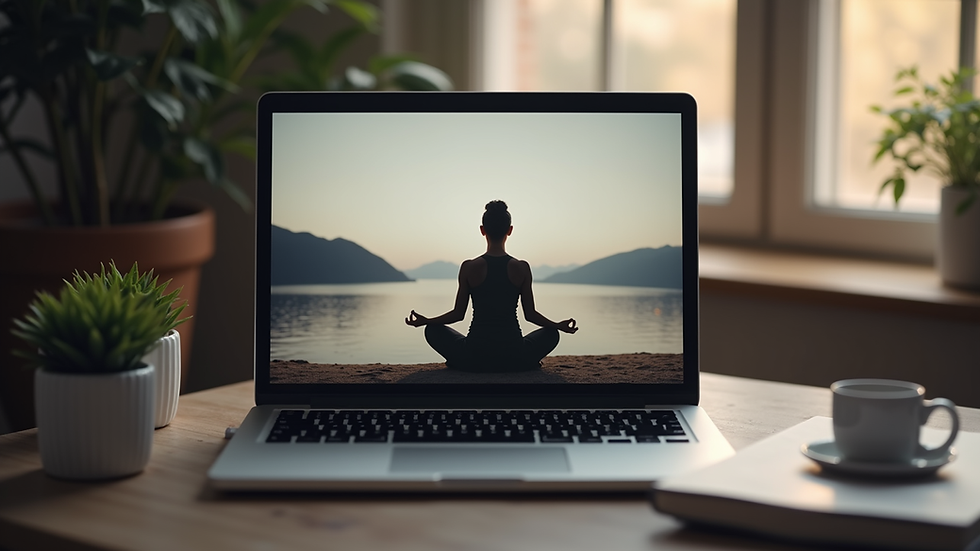 Eye-level view of a laptop displaying a meditation session