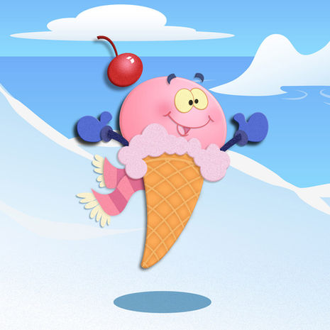 Children's illustration of an cute happy ice cream cone at the North Pole.