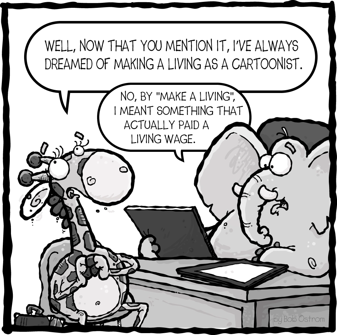 giraffa and elephant discussing the merits of being a cartoonist for a living