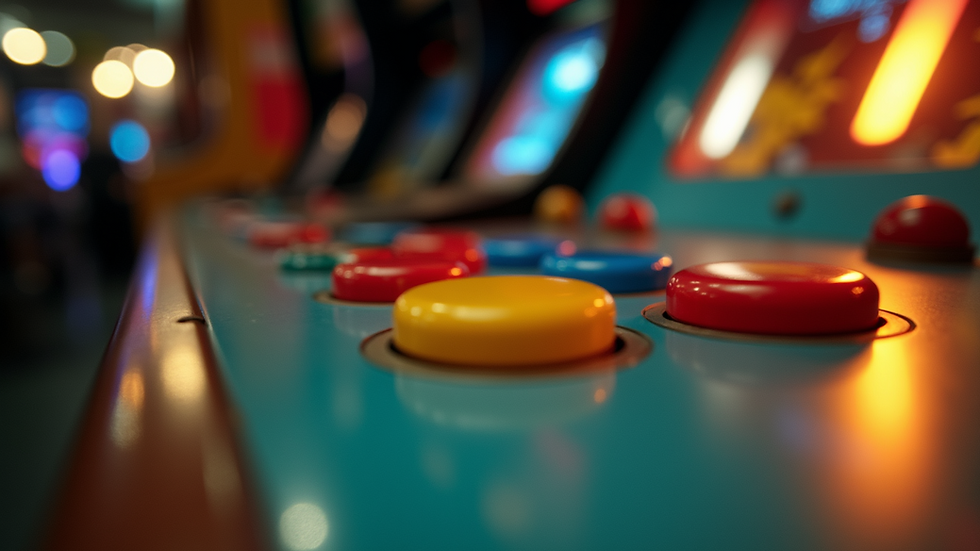 Eye-level view of a vintage arcade machine with colorful buttons