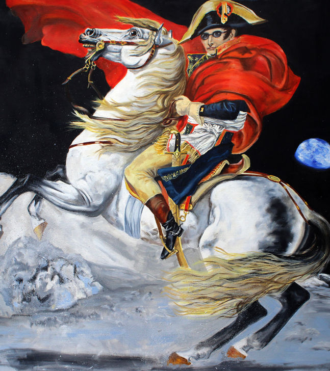 Napoleon in a red cape on a rearing grey horse on the moon with 'Earthrise' in the background