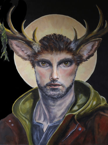 A man - stag hybrid with antlers and deer ears wearing a green hoodie and leather jacket