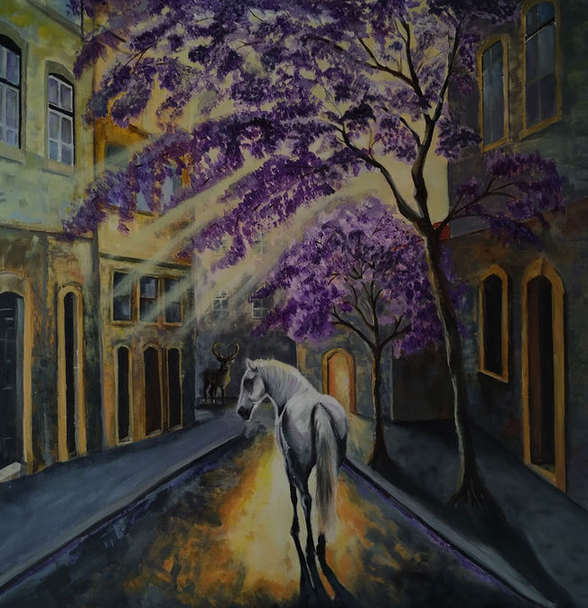A stag and a white horse head towards a glowing doorway in a street lined with purple Jacaranda trees