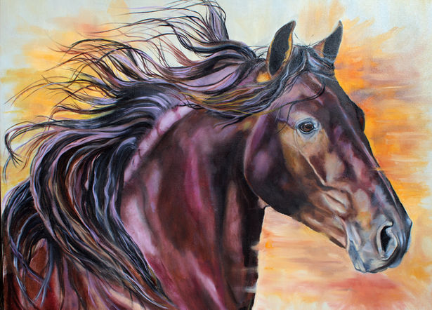 Colourful with purple splashes, head and neck of horse with flowing mane and grey and orange background