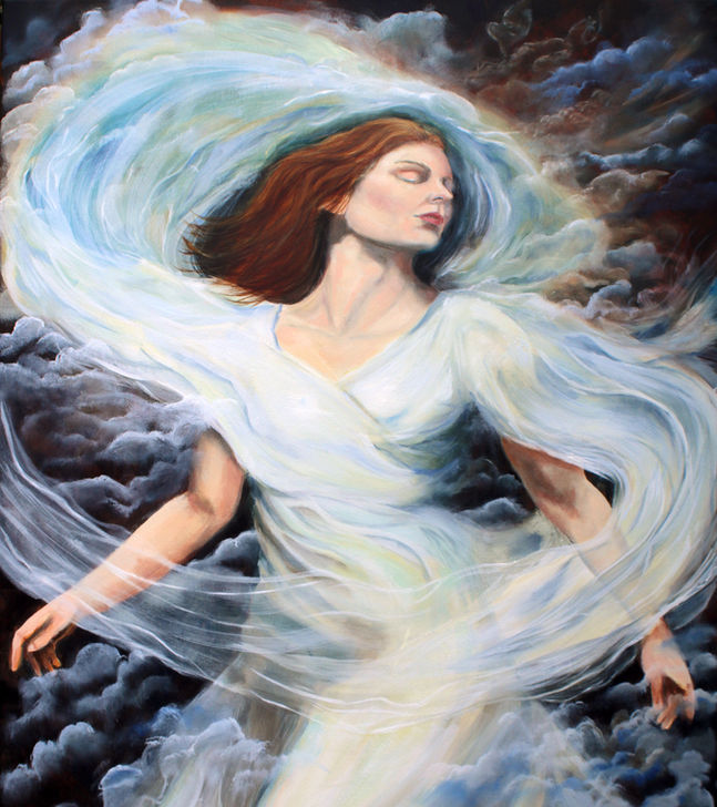 Mystical woman in white chiffon with clouds