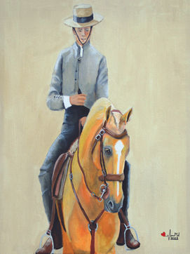 Rider in grey jacket head on on palomino horse