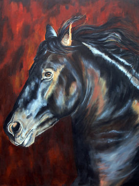 Painting of a colourful black horse head with ears back on brown and red background