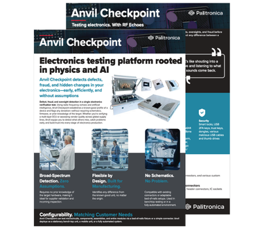 Anvil Checkpoint is a non-destructive electronics verification platform that detects internal differences in electronic hardware early, efficiently, and without assumptions. Using physics-based RF measurements and AI, Anvil establishes a known-good signature of a device and flags any deviation, even when designs, documentation, or firmware are unavailable.