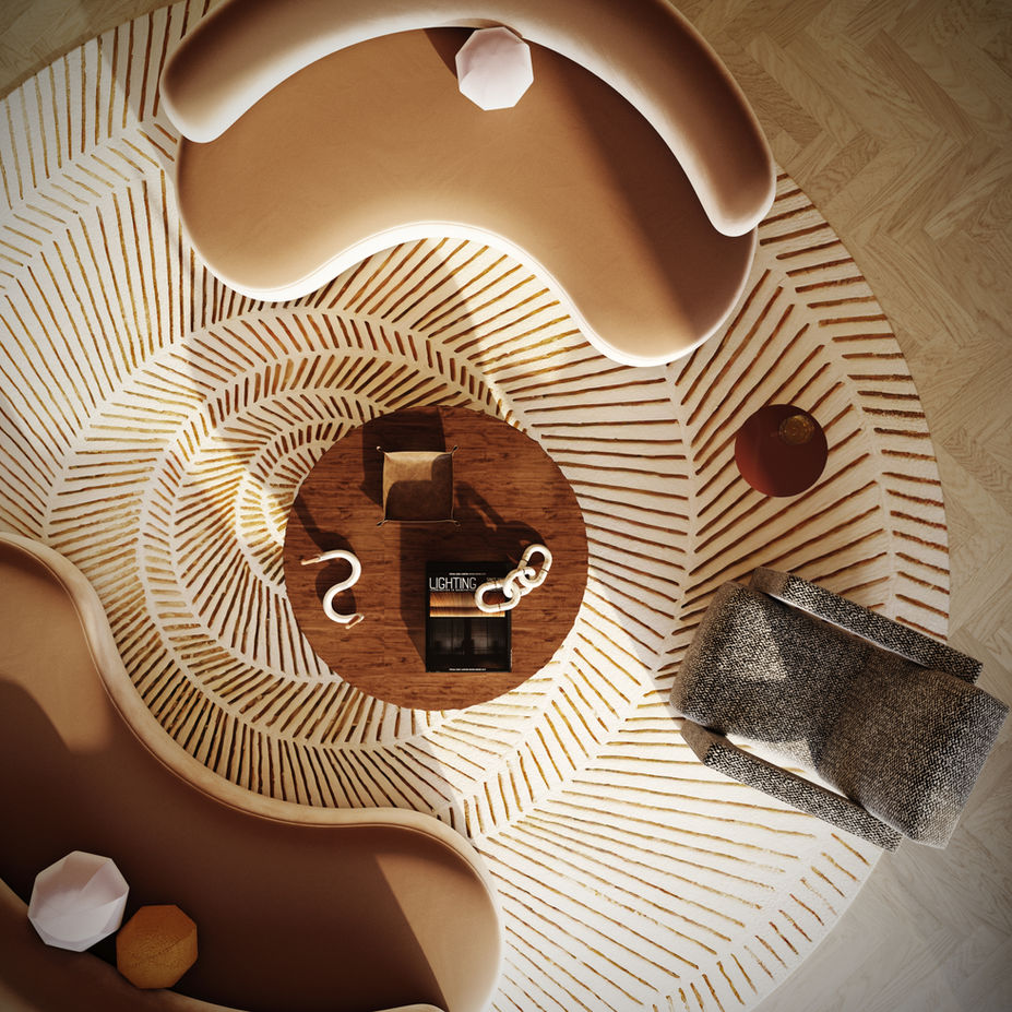 Sala de estar moderna con sofás curvos, alfombra circular con diseño geométrico y mesa de centro en madera, diseñada por AQ Studios. Modern living room with curved sofas, circular geometric rug, and wooden coffee table, designed by AQ Studios.