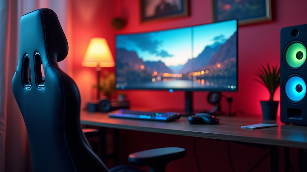 Eye-level view of a well-organized gaming setup with a comfortable chair and monitor