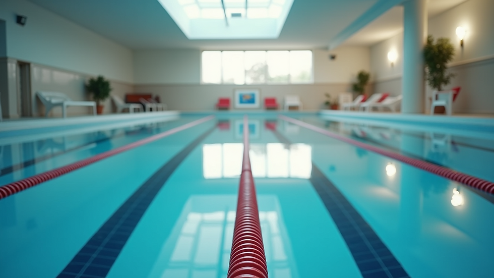 Eye-level view of indoor swimming pool with lane dividers