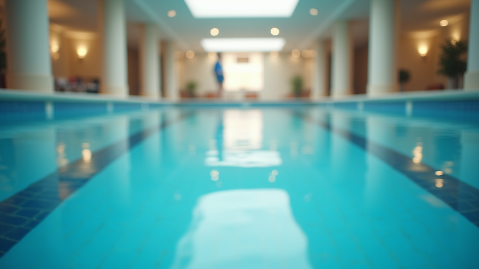 Eye-level view of an indoor swimming pool with clear blue water