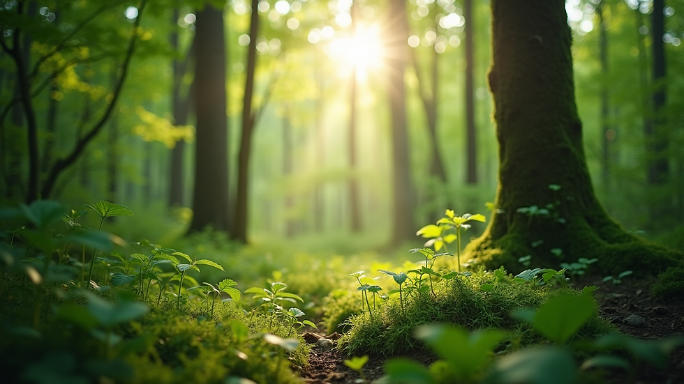 Close-up view of a lush forest with sunlight filtering through the leaves