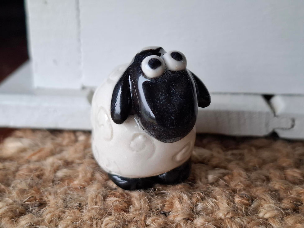 Thumbnail: Glazed ceramic sheep, handbuilt and handpainted.
