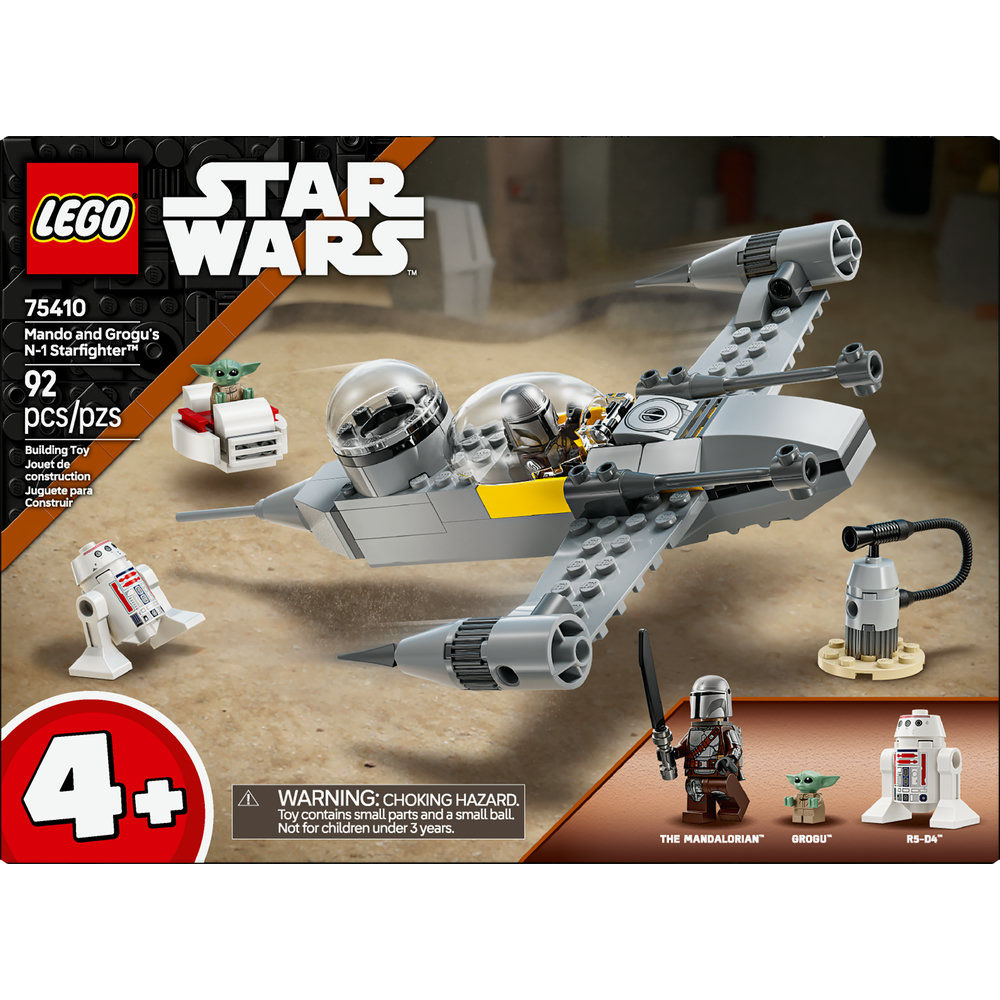 LEGO Star Wars 75410 Mando and Grogu's N-1 Starfighter set with minifigures in the box view.