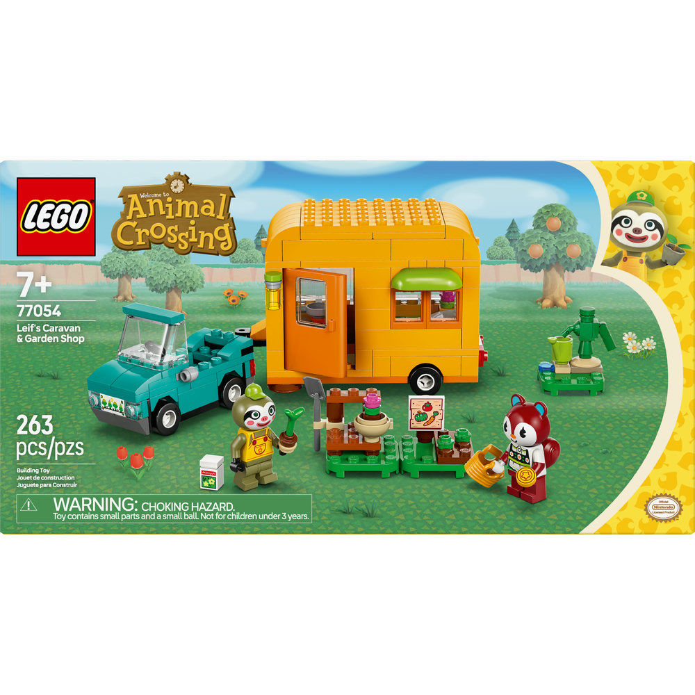 LEGO Animal Crossing 77054 Leif's Caravan & Garden Shop set with Leif and Poppy minifigures in the box.