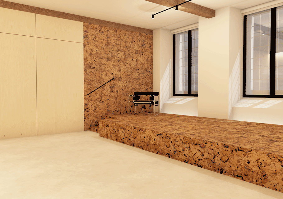 This animated GIF conveys the movement of the slide-away seating stowed beneath the raised floor. This method is more representative of the configurations and storage methods of the furniture than stationary renders. Digital architecture and interiors publications use similar animations to convey projects with kinetic features.