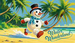 snowman running on the beach with palm trees and the words Winter Wonderland.jpg
