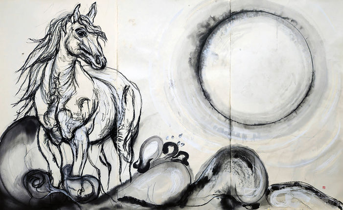 Fire horse with son moving cloud around his legs and strong fore sun behind.