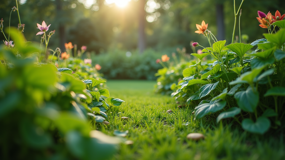 Eye-level view of a lush green garden with diverse plants