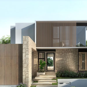 Modern Broadbeach Waters residence featuring timber battening, organic window apertures, and luxury waterfront pool deck