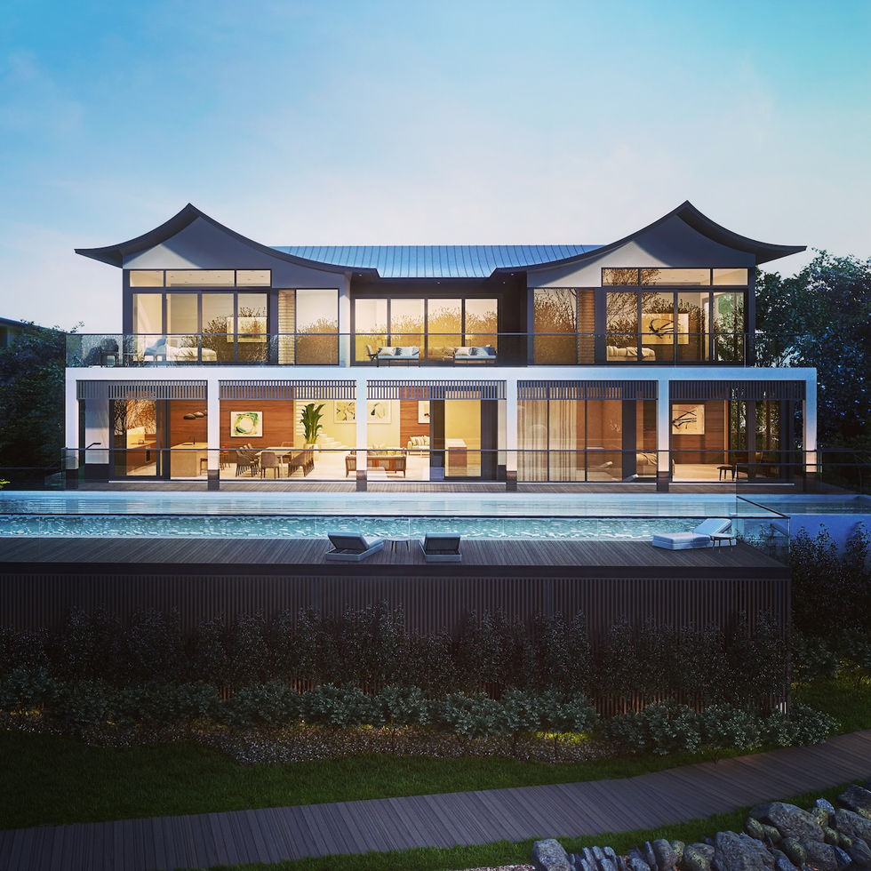 The Lee Residence: A modern Chinese-inspired waterfront home in The Lakelands featuring traditional flying eaves and a curved