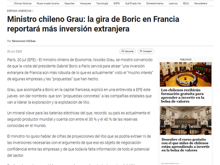 20 julio 23: Ministro Grau en Francia "la gira de Boric reportará más inversión en Chile"