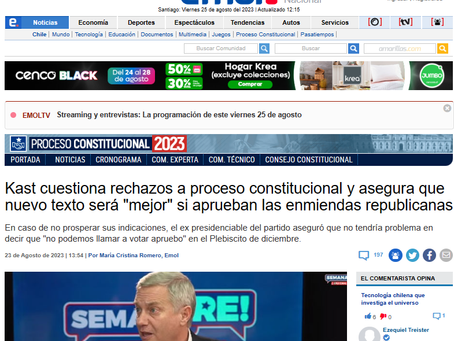 23 agosto 23: Kast cuestiona rechazo a proceso constitucional y asegura que nuevo texto será "mejor"