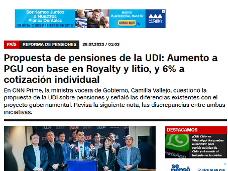 28 julio 23: UDI entrega propuesta de pensiones, potenciar la PGU con ingreso de royalties y Litio