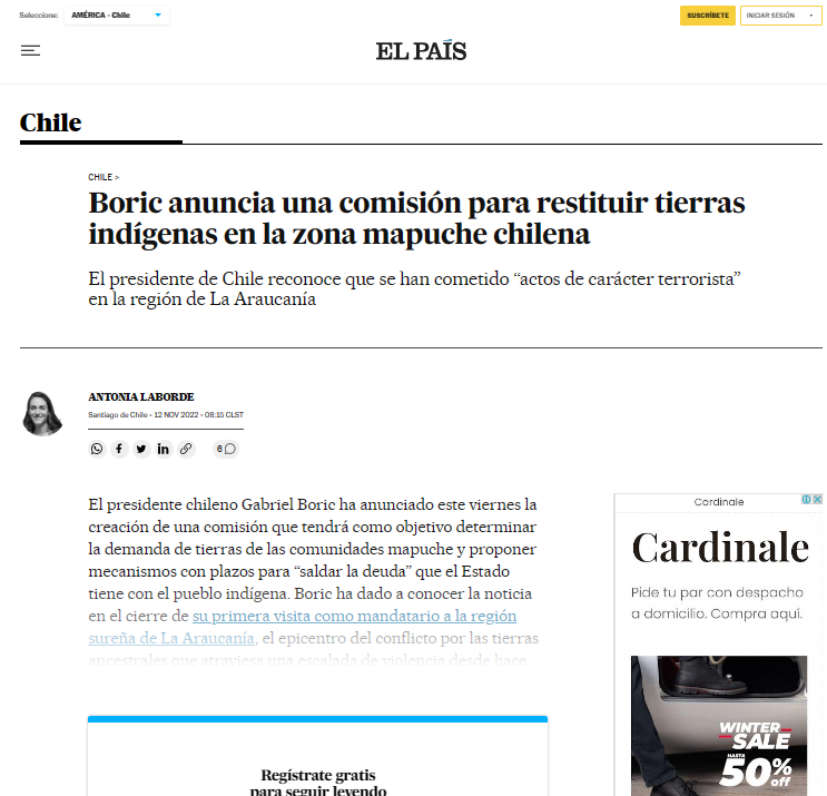 12 noviembre 22: Boric anuncia comisión para la restitución de tierras en la Araucanía