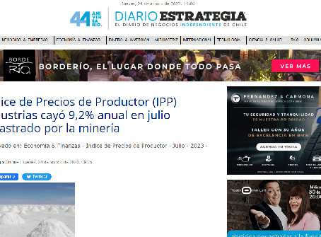 24 agosto 23: Índice de Precios de Productor (IPP) Industrias cayó 9,2% anual en julio