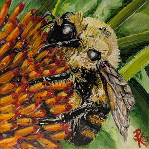 Acrylic painting of a bumblebee pollinating a yellow coneflower.