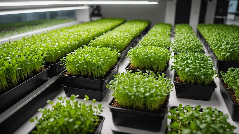Eye-level view of a flourishing urban microgreens farm