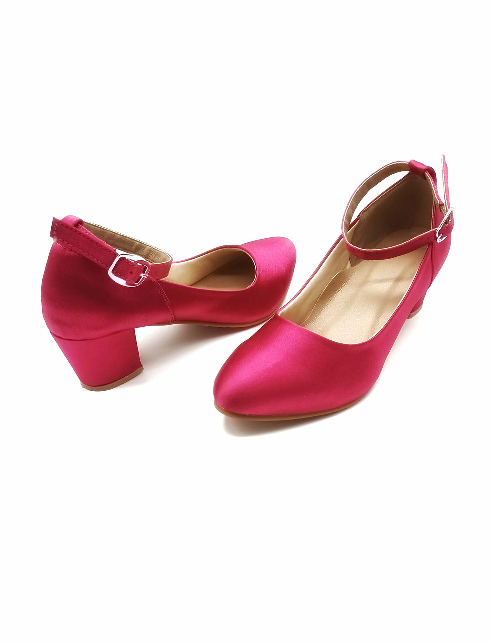 Thumbnail: Magenta Satin Block Heels with Ankle Strap