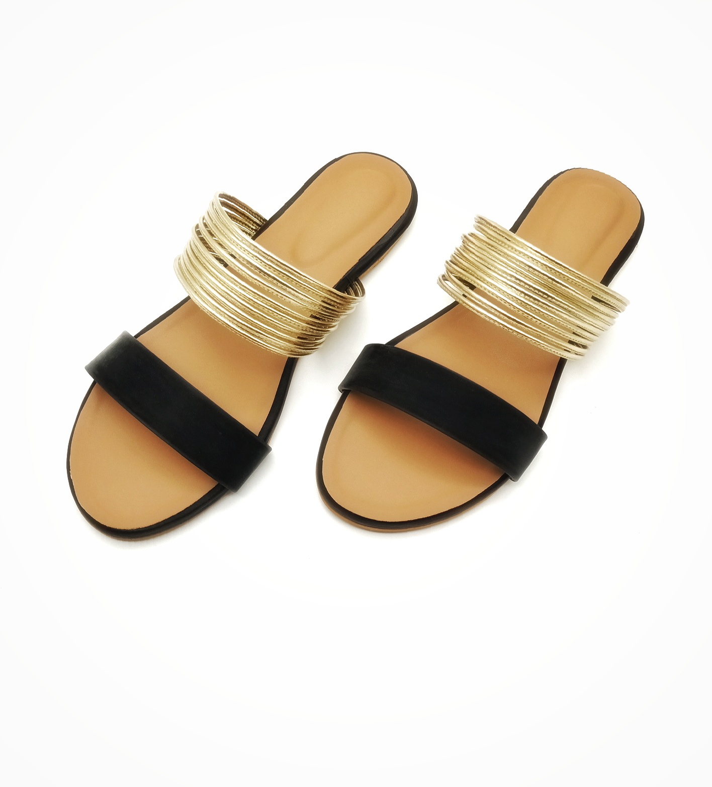 Black and Gold Vegan Leather Flat Sandals